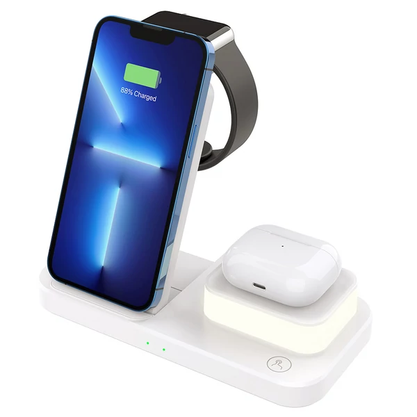 C500 Összecsukható 3 az 1-ben Vezeték Nélküli Töltő, 3 fokozatú éjjeli fénnyel, USB QC3.0 Apple-hez - Fehér