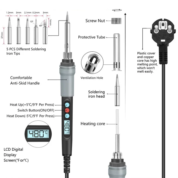 Handskit 926 90W forrasztó készlet, ki/be kapcsoló, állítható hőmérséklet 100-480°C, LCD, 5 fej, tisztító szivacs, állvány, elektronika javításához