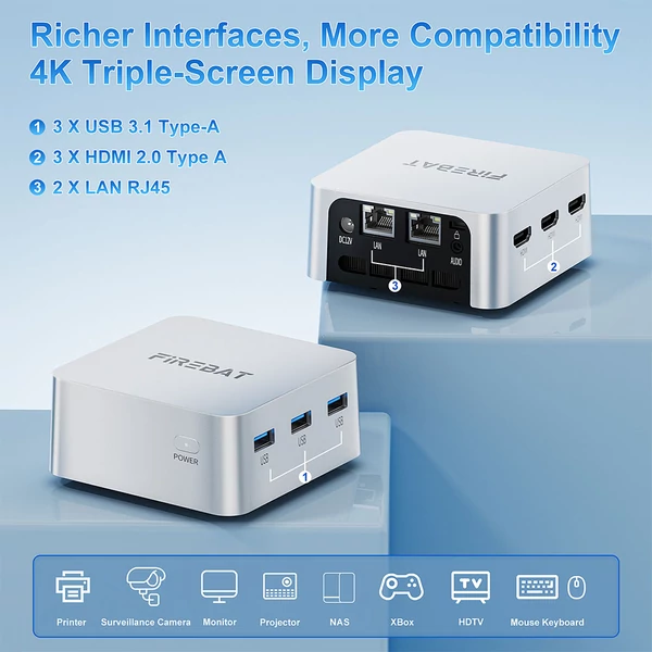FIREBAT T8 PLUS Mini PC, Intel N100, 4 mag, max. 3.4GHz, 16GB LPDDR5 RAM, 512GB SSD, 3×HDMI 4K, WiFi 5, Bluetooth 4.2, 3×USB3.1, 2×LAN, audio