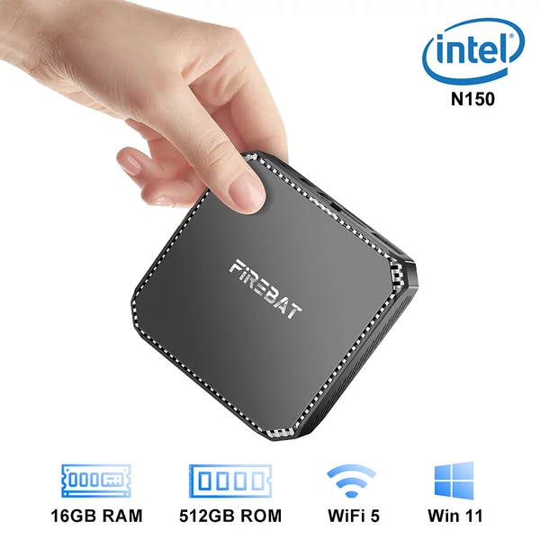 FIREBAT T2 Mini PC, Intel N150 4 magos 3.6GHz, 16GB RAM, 512GB SSD, DP+HDMI 4K kétképernyős, WiFi 5, BT 4.2, 2×USB3.2, 2×USB2.0, LAN, audio