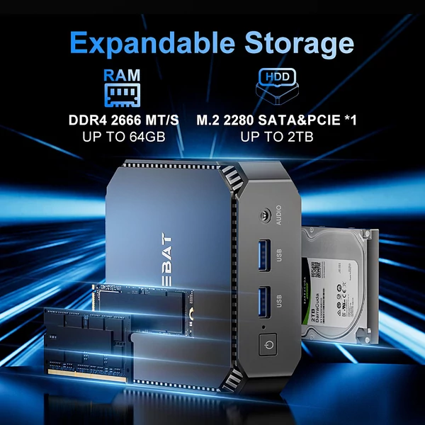 FIREBAT T2 Mini PC, Intel N150 4 magos 3.6GHz, 16GB RAM, 512GB SSD, DP+HDMI 4K kétképernyős, WiFi 5, BT 4.2, 2×USB3.2, 2×USB2.0, LAN, audio