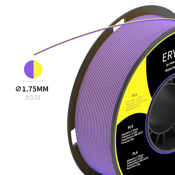 ERYONE Dual Color Matt PLA Filament 3D Nyomtatókhoz, 1.75mm +/- 0.03mm Pontosság, 1kg - Sárga és Lila