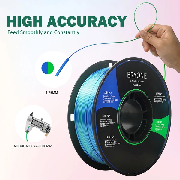 ERYONE Kétszínű Selyem PLA Nyomtatószál 3D Nyomtatókhoz 1,75mm Tűrés +/- 0,03mm 1kg/Tekercs - Kék és Zöld