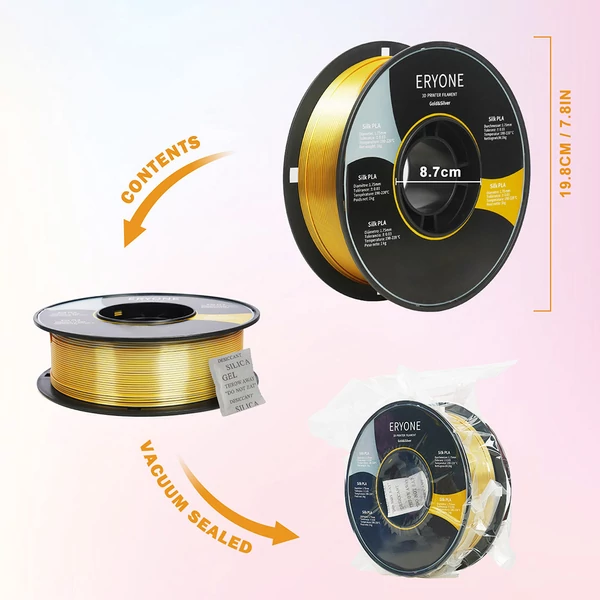 ERYONE két színű selyem PLA nyomtatószál 1,75mm, 1kg, 3D nyomtatóhoz - arany-szürke