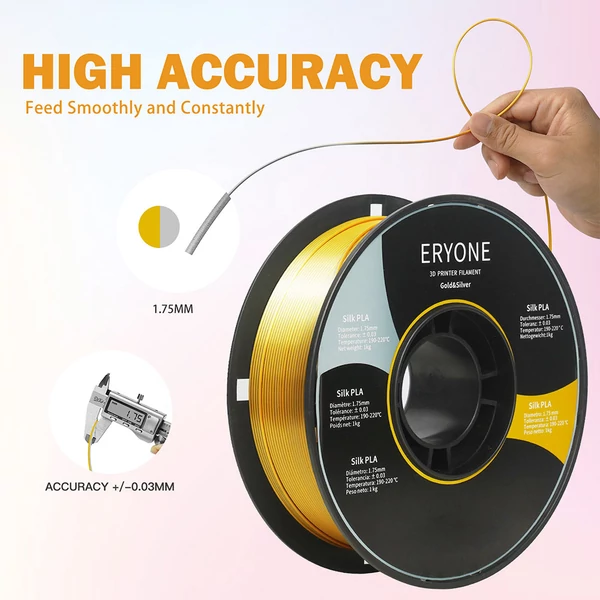 ERYONE két színű selyem PLA nyomtatószál 1,75mm, 1kg, 3D nyomtatóhoz - arany-szürke
