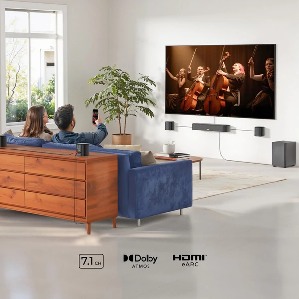 Ultimea Aura A60 7.1 hangprojektor + Steady 310 hangszóróállvány, okos APP & hangvezérlés, BassMX, 350W, HDMI eARC, 4 hangszóró, TV-hez