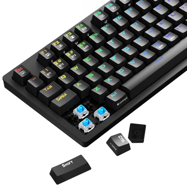 Redragon K598P-KBS TKL RGB Vezeték nélküli Mechanikus Billentyűzet (Bluetooth/2.4GHz/Kábel), Kék switch, Win/Mac