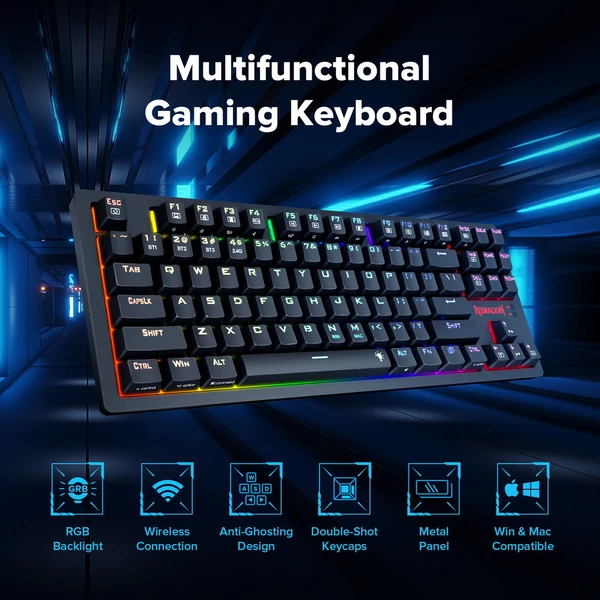 Redragon K598P-KBS TKL RGB Vezeték nélküli Mechanikus Billentyűzet (Bluetooth/2.4GHz/Kábel), Kék switch, Win/Mac