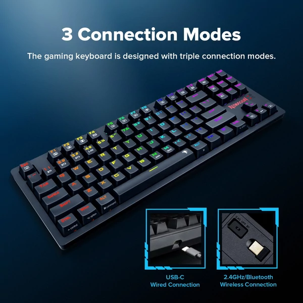 Redragon K598P-KBS TKL RGB Vezeték nélküli Mechanikus Billentyűzet (Bluetooth/2.4GHz/Kábel), Kék switch, Win/Mac