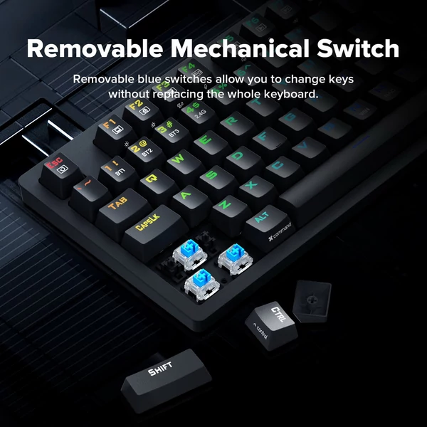 Redragon K598P-KBS TKL RGB Vezeték nélküli Mechanikus Billentyűzet (Bluetooth/2.4GHz/Kábel), Kék switch, Win/Mac