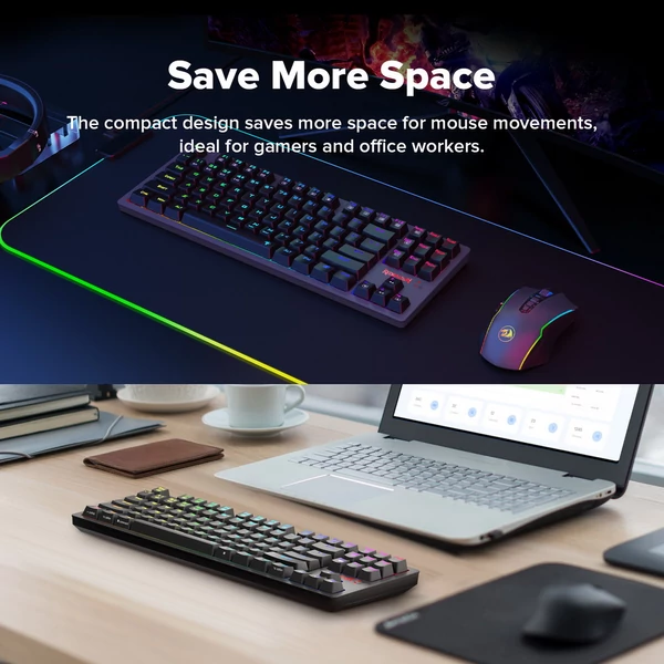 Redragon K598P-KBS TKL RGB Vezeték nélküli Mechanikus Billentyűzet (Bluetooth/2.4GHz/Kábel), Kék switch, Win/Mac