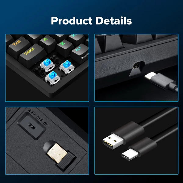 Redragon K598P-KBS TKL RGB Vezeték nélküli Mechanikus Billentyűzet (Bluetooth/2.4GHz/Kábel), Kék switch, Win/Mac