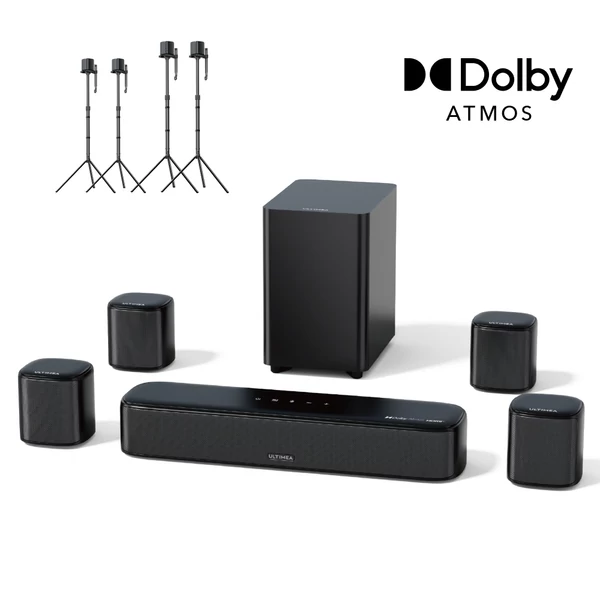 Ultimea Aura A60 7.1 hangprojektor + 2 pár Steady 310 állvány, okosalkalmazás, hangvezérlés, BassMX, 350W, HDMI eARC, 4 surround hangszóró, okostévéhez
