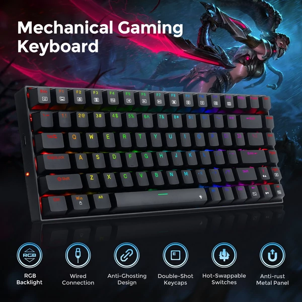 Redragon K629-RGB Phantom mechanikus gamer billentyűzet, 84 gomb, RGB háttérvilágítás, piros switch - fekete