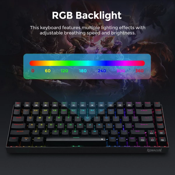 Redragon K629-RGB Phantom mechanikus gamer billentyűzet, 84 gomb, RGB háttérvilágítás, piros switch - fekete