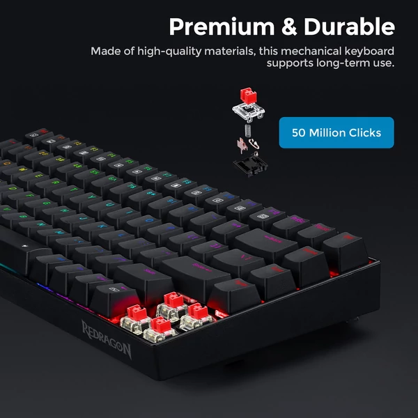 Redragon K629-RGB Phantom mechanikus gamer billentyűzet, 84 gomb, RGB háttérvilágítás, piros switch - fekete