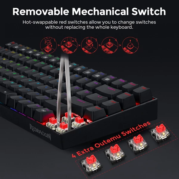 Redragon K629-RGB Phantom mechanikus gamer billentyűzet, 84 gomb, RGB háttérvilágítás, piros switch - fekete