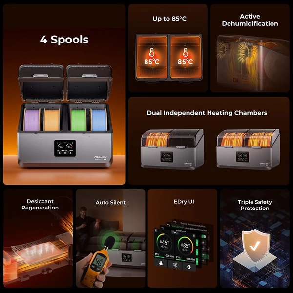 Creality SpacePi X4 filament szárító doboz, 4 tekercses tároló, dupla fűtőkamra, max 85°C, PLA/TPU/PETG/ABS/Nylon kompatibilis