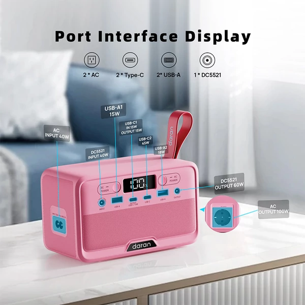 DaranEner YOUYO R100 hordozható energiaközpont 100W, 4 USB, 1 DC, 2 AC csatlakozó, 89,6Wh LiFePO4, LED, kompakt - Pink