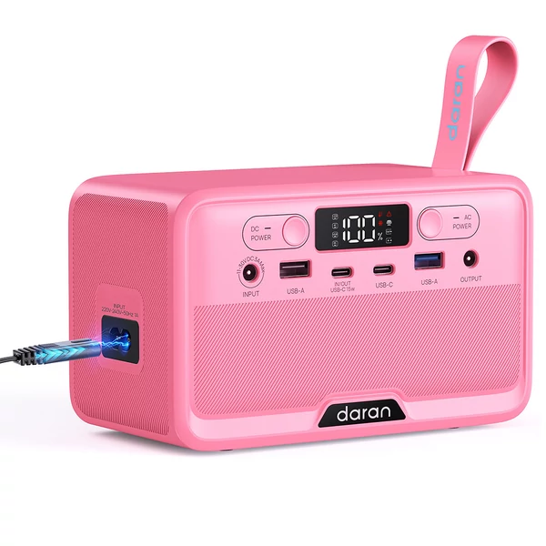 DaranEner YOUYO R100 hordozható energiaközpont 100W, 4 USB, 1 DC, 2 AC csatlakozó, 89,6Wh LiFePO4, LED, kompakt - Pink