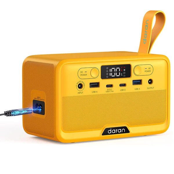 DaranEner YOUYO R100 hordozható energiaközpont 100W, 4 USB, 1 DC, 2 AC csatlakozó, 89,6Wh LiFePO4, LED, kompakt - Sárga