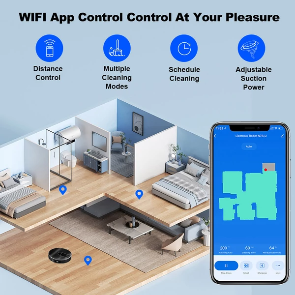 Liectroux N7S-U robotporszívó és felmosó, 6000Pa szívóerő, okostérképezés, WiFi, Alexa, Google, 120 perc üzemidő, kisállatszőr, szőnyeg, padló