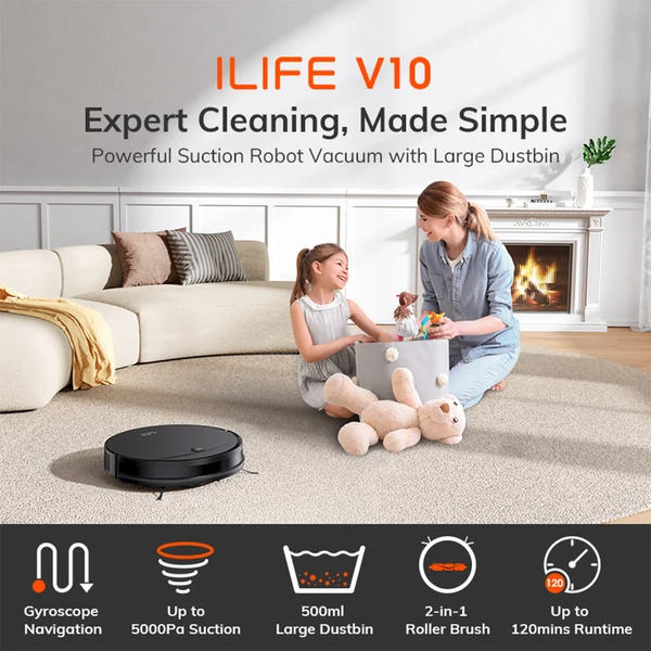 ILIFE V10 robotporszívó, 5000Pa szívóerő, 120 perc üzemidő, giroszkópos navigáció, önálló töltés, WiFi, applikáció, Alexa vezérlés