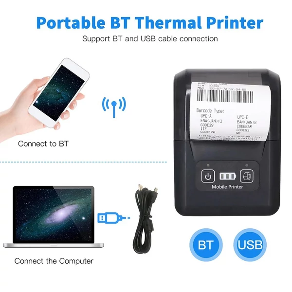 H20 58mm kompakt hőnyomtató, vezeték nélküli Bluetooth és USB, étterem, kiskereskedelem, kisvállalkozás számára
