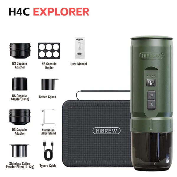 HIBREW H4C hordozható kézi eszpresszókészítő kávégép kempinghez, utazáshoz, otthonra – zöld Explorer