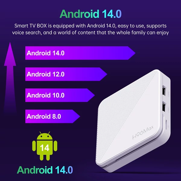 H96 Max H313 Android 14 TV Box, 2GB RAM 16GB ROM, 4K UHD, WiFi 6, Chromecast, Google Play, HDMI, USB, Ethernet, TF kártya támogatás