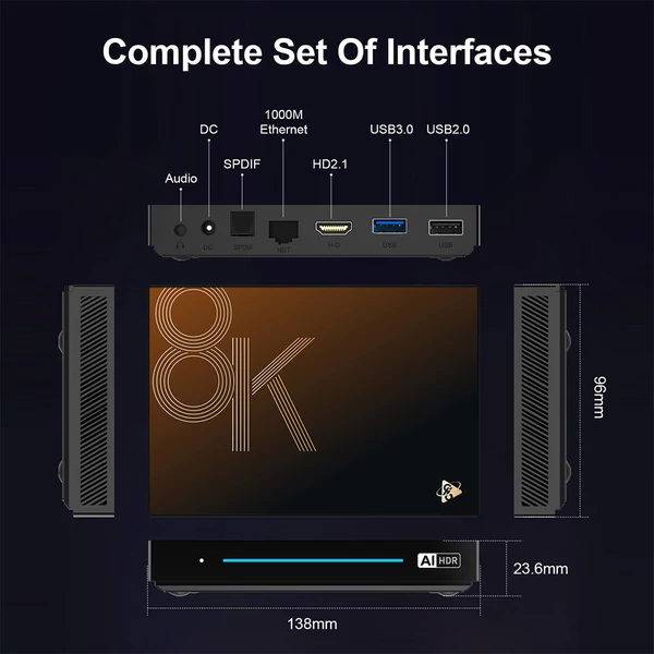 H96 Max M9S Android 14 TV Box – 8GB RAM, 128GB ROM, 8 magos RK3576, 8K AV1, WiFi 6, Bluetooth 5.4, HDMI2.1, USB3.0, gigabites LAN, SPDIF, audio