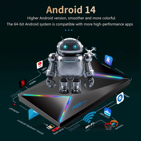 R69 Plus Android 14 TV Box, Allwinner H728, 4GB/64GB, 8K/4K, HDR10, WiFi 6, gigabites LAN, USB3.0, SD kártya bővítés