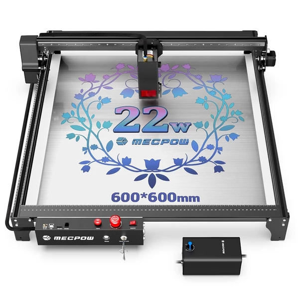Mecpow X5 22W lézergravírozó és vágó, automata légsegéd, 0,08x0,1 mm lézerpont, 28000 mm/perc sebesség, biztonsági zár, vészleállítás, lángérzékelés