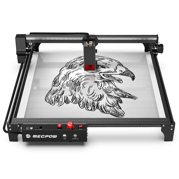 Mecpow X5 22W lézergravírozó és vágó, automata légsegéd, 0,08x0,1 mm lézerpont, 28000 mm/perc sebesség, biztonsági zár, vészleállítás, lángérzékelés
