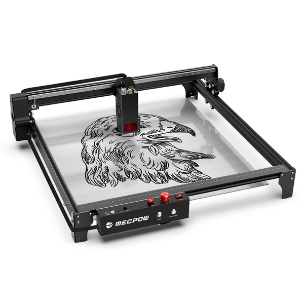 Mecpow X5 22W lézergravírozó és vágó, automata légsegéd, 0,08x0,1 mm lézerpont, 28000 mm/perc sebesség, biztonsági zár, vészleállítás, lángérzékelés