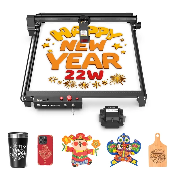 Mecpow X5 22W lézergravírozó és vágó, automata légsegéd, 0,08x0,1 mm lézerpont, 28000 mm/perc sebesség, biztonsági zár, vészleállítás, lángérzékelés