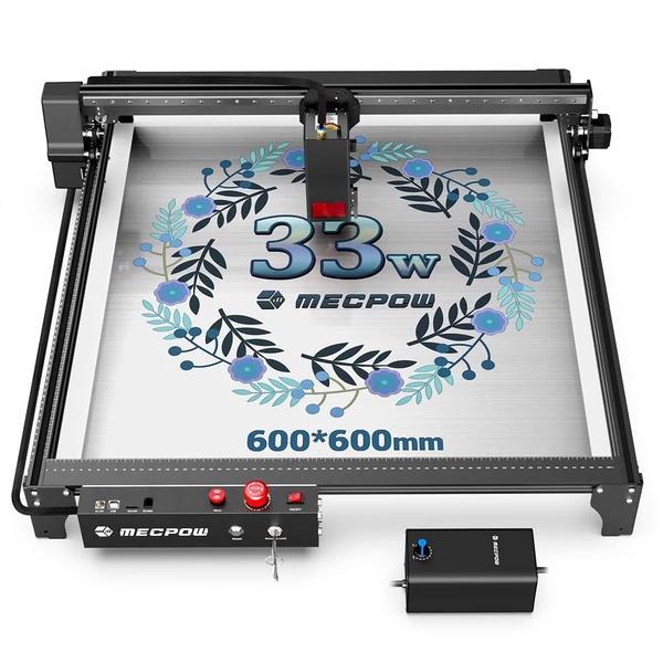 Mecpow X5 Pro lézergravírozó és vágógép, 33W lézererő, automata légsegéd, 0,08x0,1 mm pontméret, 28000 mm/perc sebesség, vészleállítás, lángérzékelő