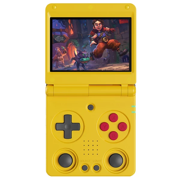 ANBERNIC RG34XXSP Flip játékkonzol, 64GB memória, 3,4" 720x480 IPS kijelző, 30+ emulátor, 6 órás játékidő, 5G WiFi, multimédia appok – Sárga