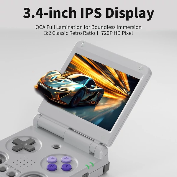 ANBERNIC RG34XXSP Flip játékkonzol, 64GB memória, 3,4" 720x480 IPS kijelző, 30+ emulátor, 6 órás játékidő, 5G WiFi, multimédia appok – Szürke