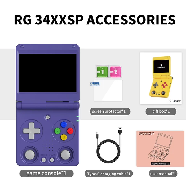 ANBERNIC RG34XXSP Flip játékkonzol, 64GB memória, 3,4" 720x480 IPS kijelző, 30+ emulátor, 6 órás játékidő, 5G WiFi, multimédia appok – Kék