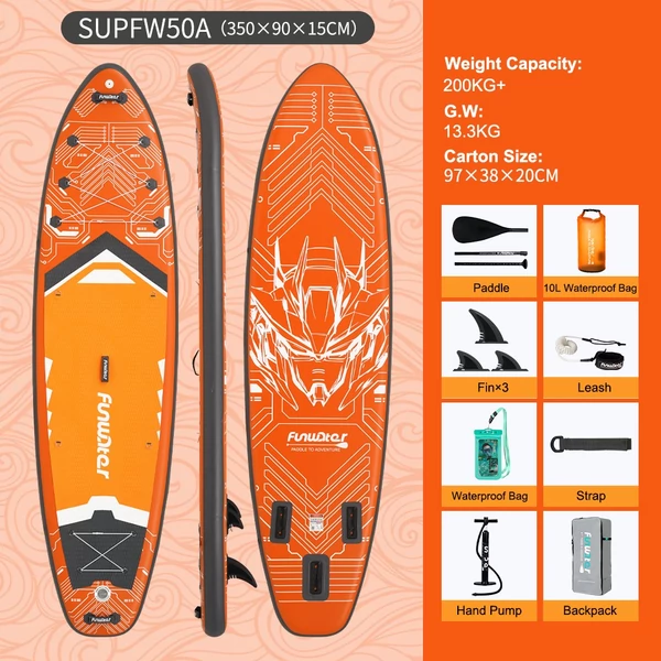 FunWater SUPFW50A stand up paddle board 350x90x15 cm – könnyű, stabil vízi evezős deszka, 200 kg teherbírással, ideális paddle boardozáshoz
