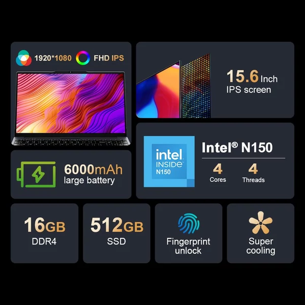 Ninkear N15 Air laptop, 15,6" FHD IPS, Intel N150 4 mag 3.6GHz, 16GB RAM, 512GB SSD, WiFi 2.4/5GHz, Bluetooth 5.0, Type-C, HDMI, ujjlenyomat-olvasó, 6000mAh