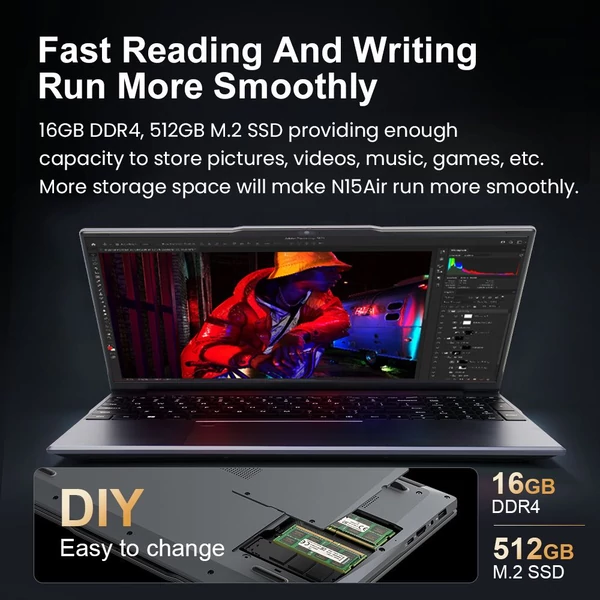 Ninkear N15 Air laptop, 15,6" FHD IPS, Intel N150 4 mag 3.6GHz, 16GB RAM, 512GB SSD, WiFi 2.4/5GHz, Bluetooth 5.0, Type-C, HDMI, ujjlenyomat-olvasó, 6000mAh