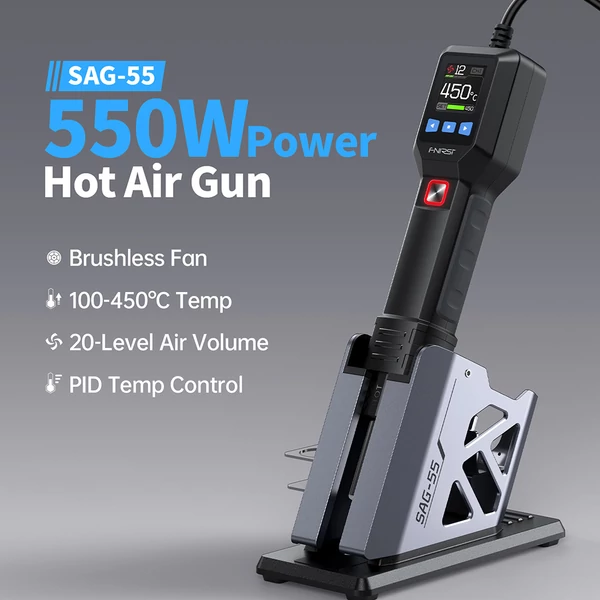 FNIRSI SAG-55 550W forrólevegős pisztoly állvánnyal, kefe nélküli ventilátor, 100-450°C, LCD - PRO verzió