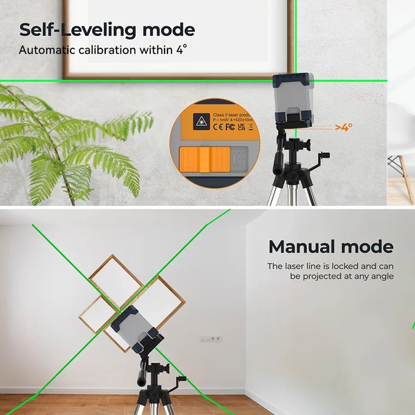 CIGMAN CM-G02 2 vonalas, önbeálló lézeres szintező 100ft hatótávval, 360° forgatható, tölthető akku