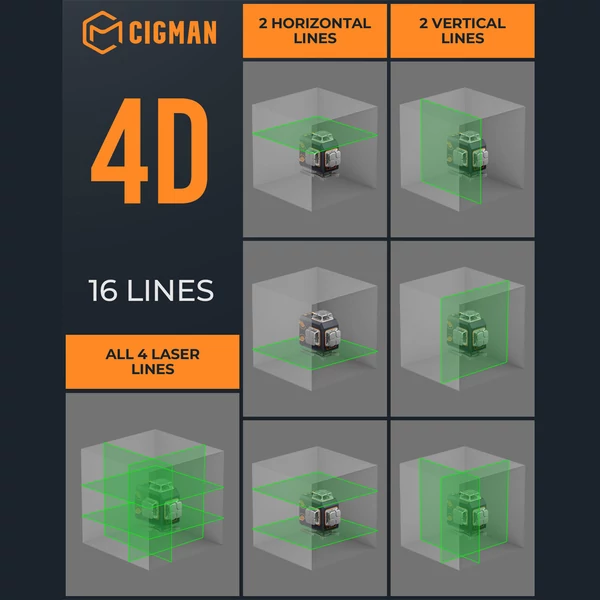 CIGMAN CM-S02 4x360° 16-vonalas lézer szintező, APP vezérlés, LCD kijelző, 40 órás üzemidő