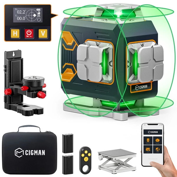CIGMAN CM-S02 4x360° 16-vonalas lézer szintező, APP vezérlés, LCD kijelző, 40 órás üzemidő