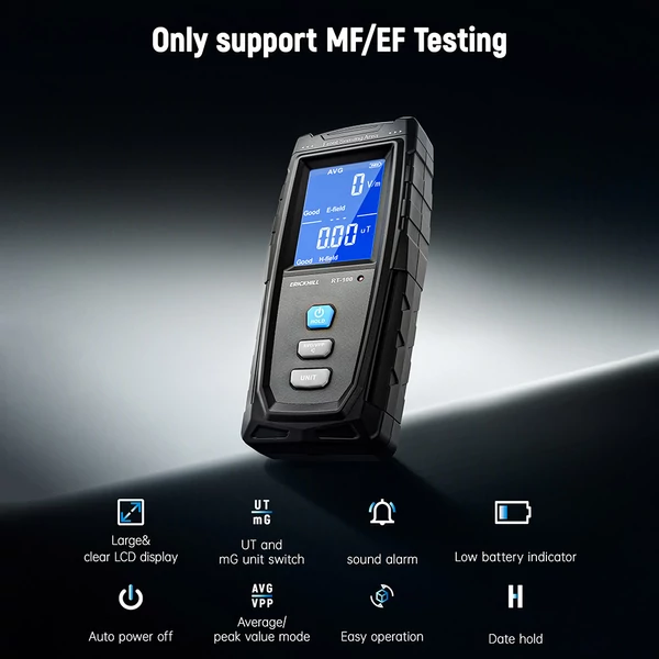 ERICKHILL RT-100 EMF mérő – Kézi elektromágneses sugárzásmérő, EF/RF/MF detektor otthonra/paranormális vizsgálathoz