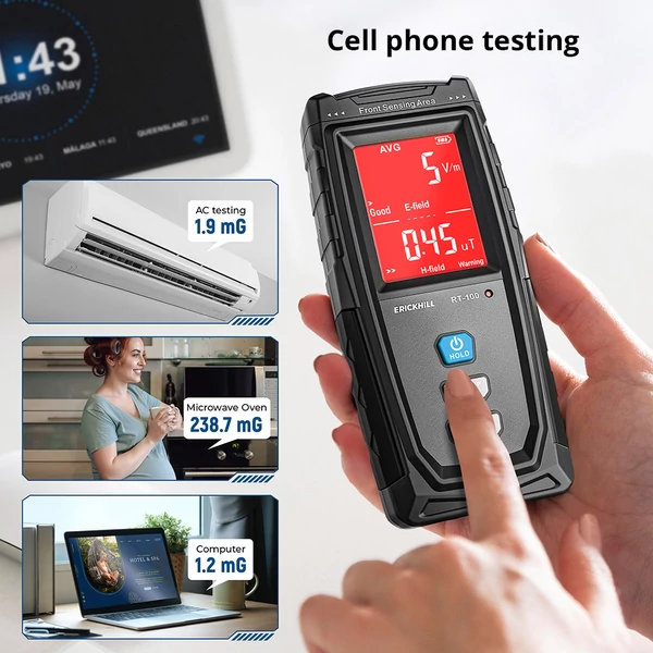 ERICKHILL RT-100 EMF mérő – Kézi elektromágneses sugárzásmérő, EF/RF/MF detektor otthonra/paranormális vizsgálathoz