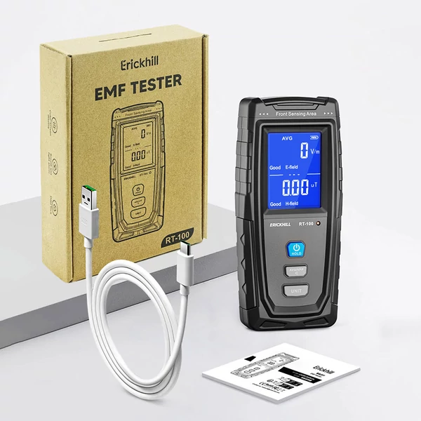 ERICKHILL RT-100 EMF mérő – Kézi elektromágneses sugárzásmérő, EF/RF/MF detektor otthonra/paranormális vizsgálathoz